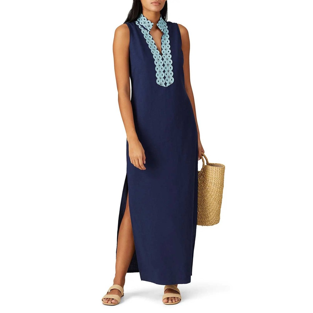 Sail to Sable Navy Blue Linen Lace Trim Sleeveless Maxi Dress XS Cape Cod